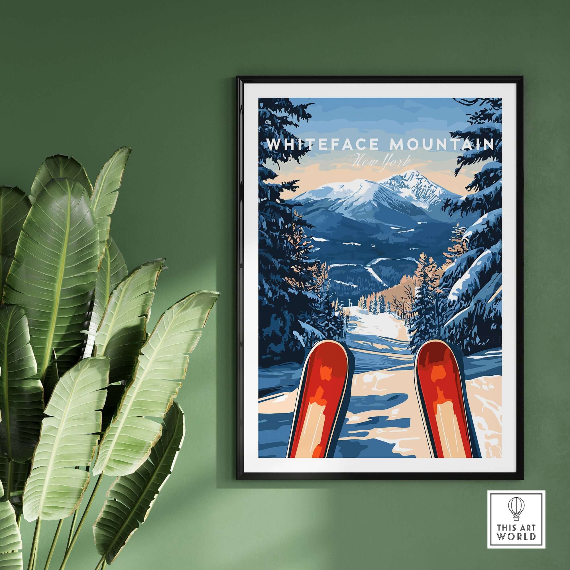 Whiteface Mountain ski poster featuring snowy slopes and vibrant skis, perfect for winter adventure decor.