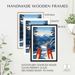Handmade wooden frames in natural, white, and black for Whiteface Mountain ski poster, made from sustainably sourced wood.