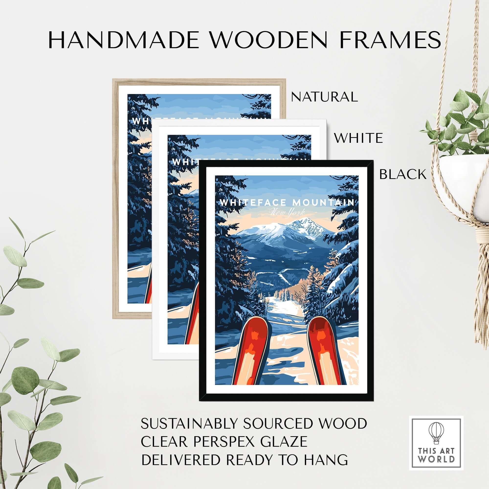 Handmade wooden frames in natural, white, and black for Whiteface Mountain ski poster, made from sustainably sourced wood.