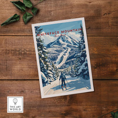 Whiteface Mountain ski poster featuring a lone skier on a snow-covered slope, capturing the beauty of New York's winter scenery.