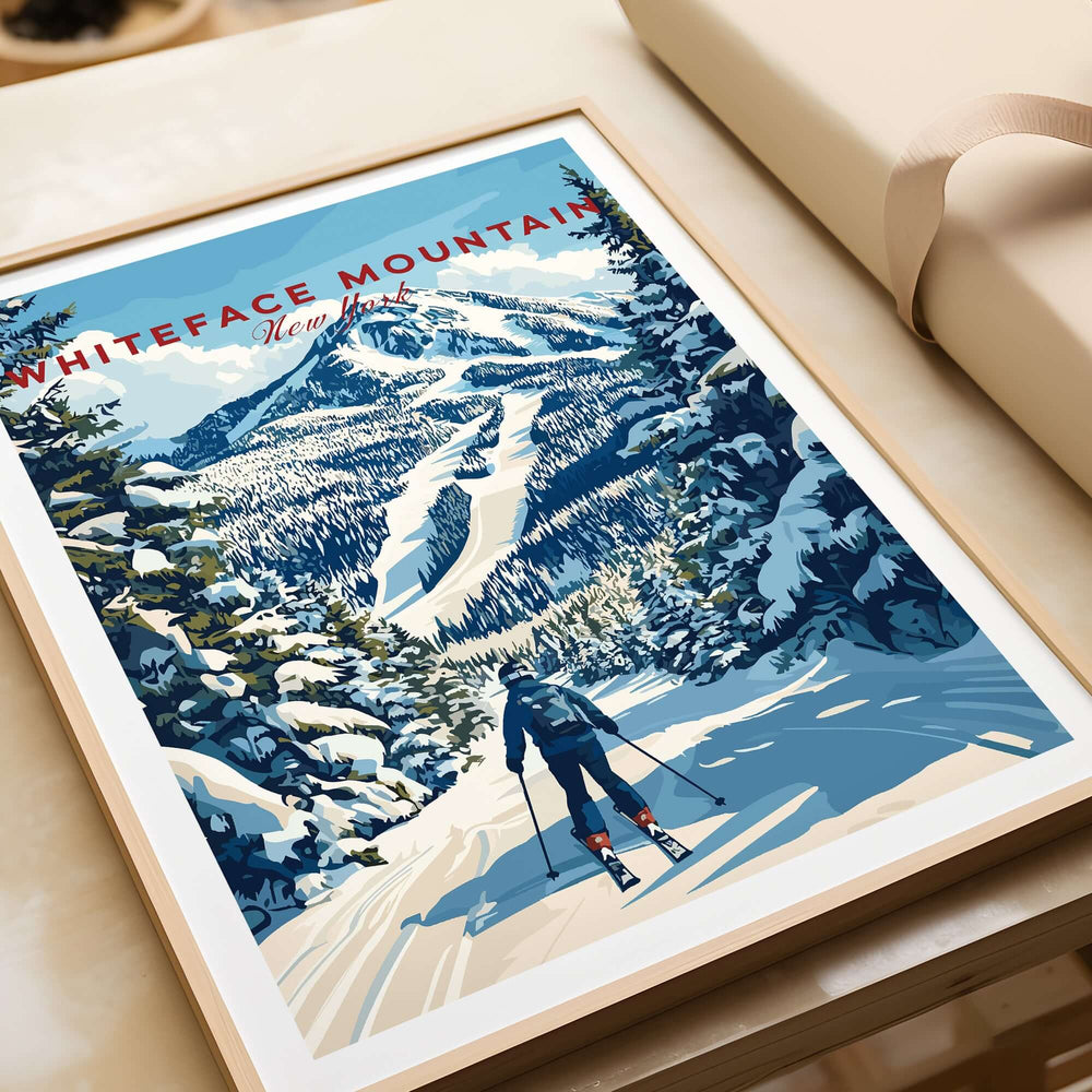 Whiteface Mountain ski poster featuring a lone skier in snowy landscape, showcasing beauty of New York winter art.