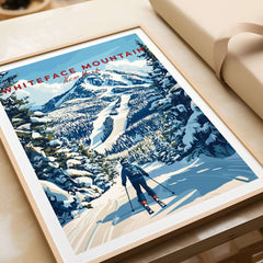 Whiteface Mountain ski poster featuring a lone skier in snowy landscape, showcasing beauty of New York winter art.