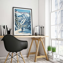 Whiteface Mountain ski poster framed in a stylish home office, showcasing winter skiing in New York's Adirondacks.