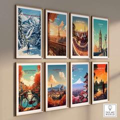 Gallery of travel posters including Whiteface Mountain, Paris, and Tokyo, showcasing iconic landmarks in vibrant colors.