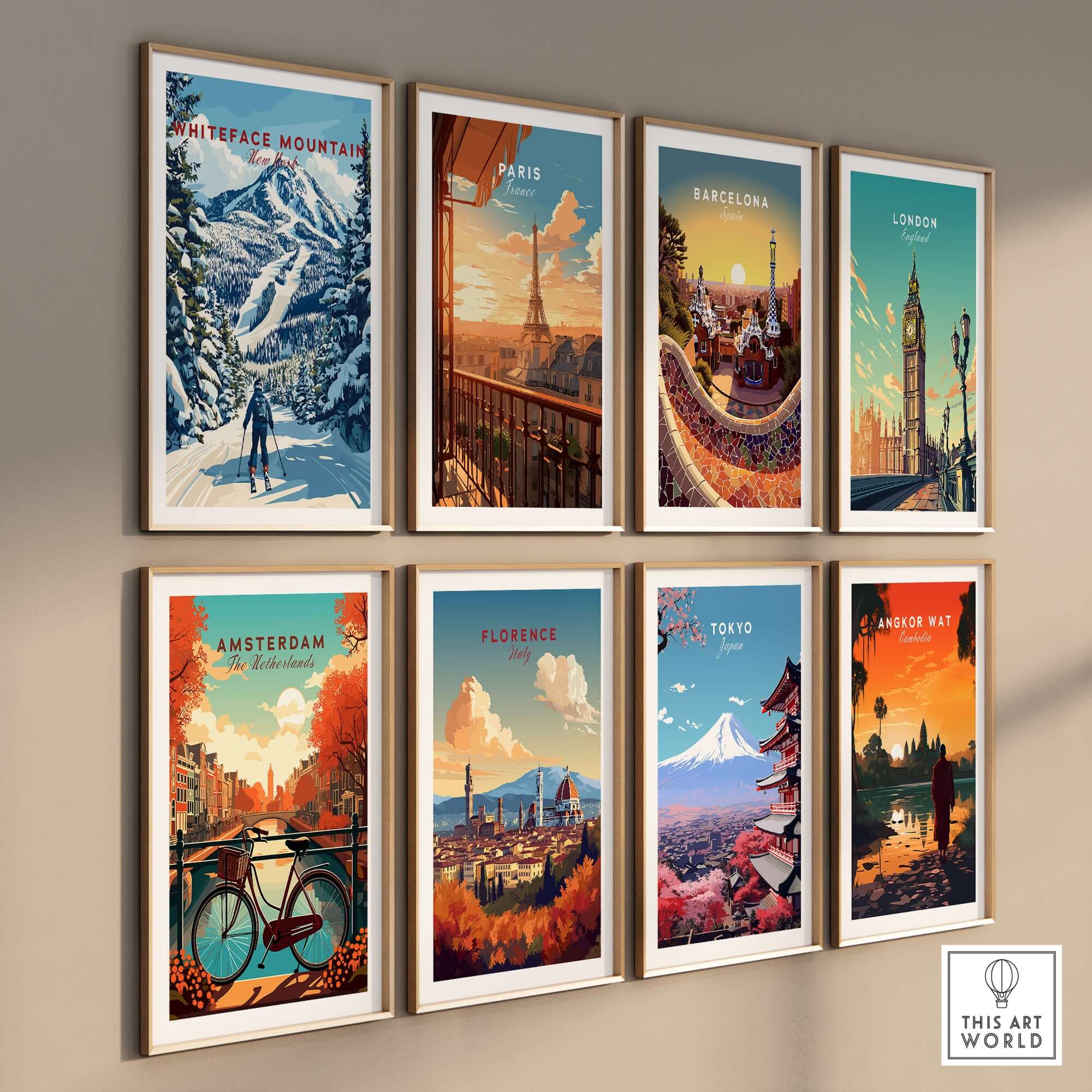 Gallery of travel posters including Whiteface Mountain, Paris, and Tokyo, showcasing iconic landmarks in vibrant colors.