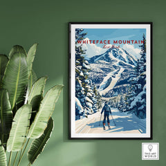 Whiteface Mountain ski poster featuring a skier amidst snowy peaks, perfect for New York winter wall art.