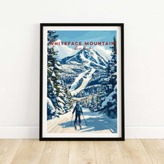 Whiteface Mountain ski poster featuring a skier on a snow-covered trail in New York's Adirondacks.