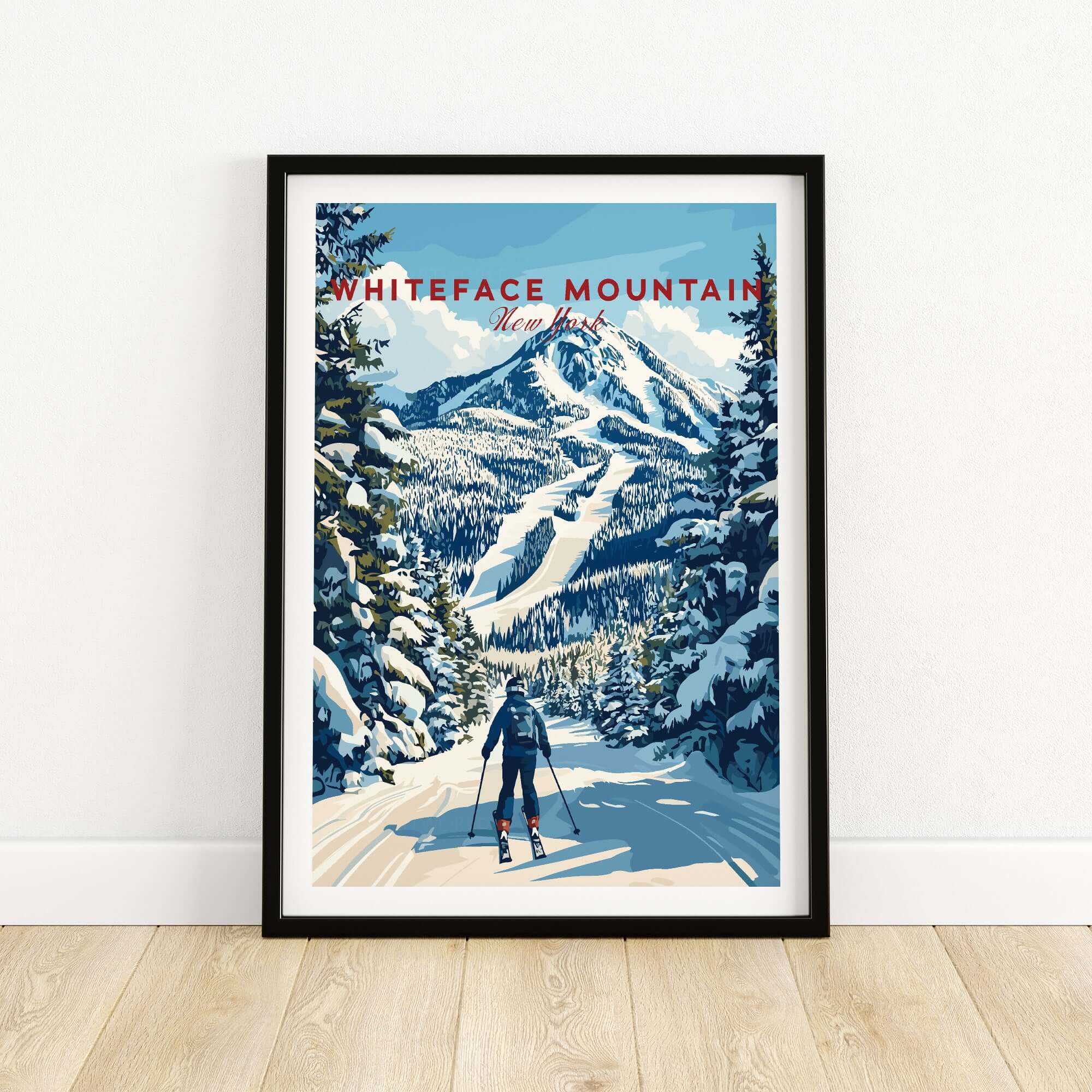 Whiteface Mountain ski poster featuring a skier on a snow-covered trail in New York's Adirondacks.