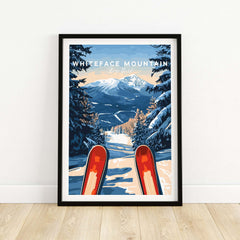 Whiteface Mountain ski poster featuring snowy mountain views and vibrant ski gear, perfect for winter adventure décor.