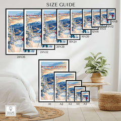 Size guide for Whiteface Mountain Ski Print showcasing various frame sizes in a stylish home setting.