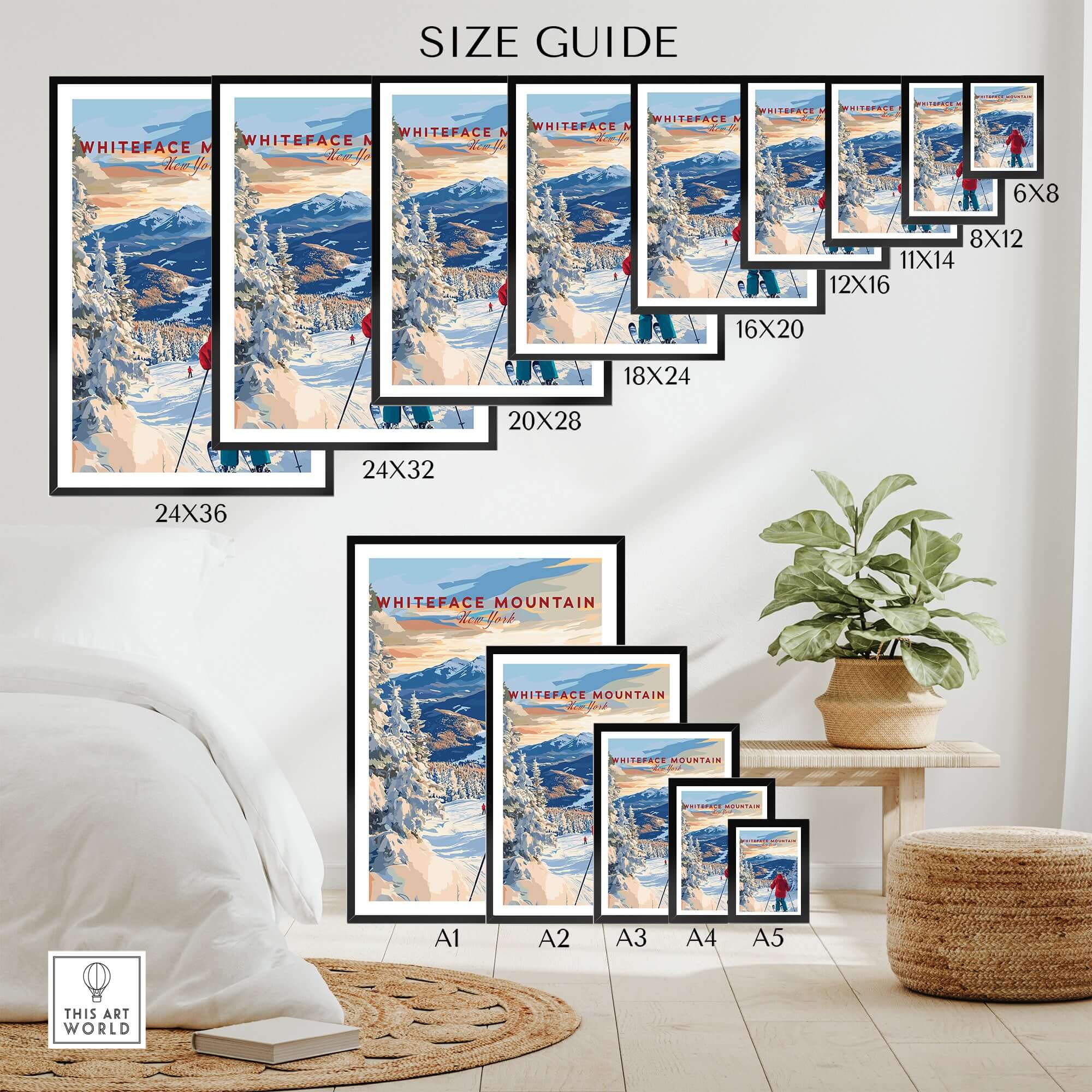 Size guide for Whiteface Mountain Ski Print showcasing various frame sizes in a stylish home setting.