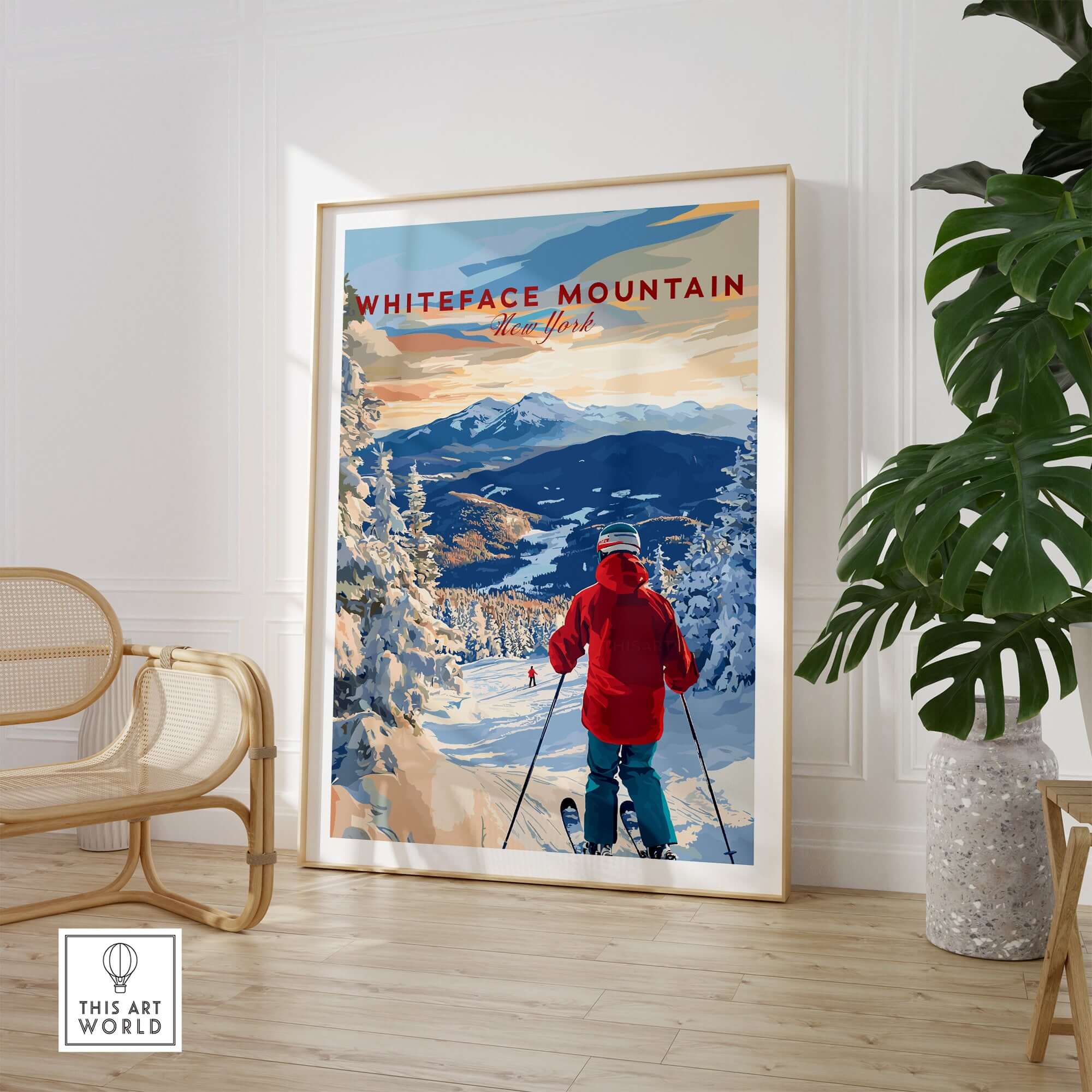 Whiteface Mountain ski print featuring a skier in a red jacket, perfect for winter wall art in New York.