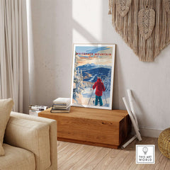 Whiteface Mountain ski print displayed in a cozy home setting, showcasing winter sports and New York wall art.
