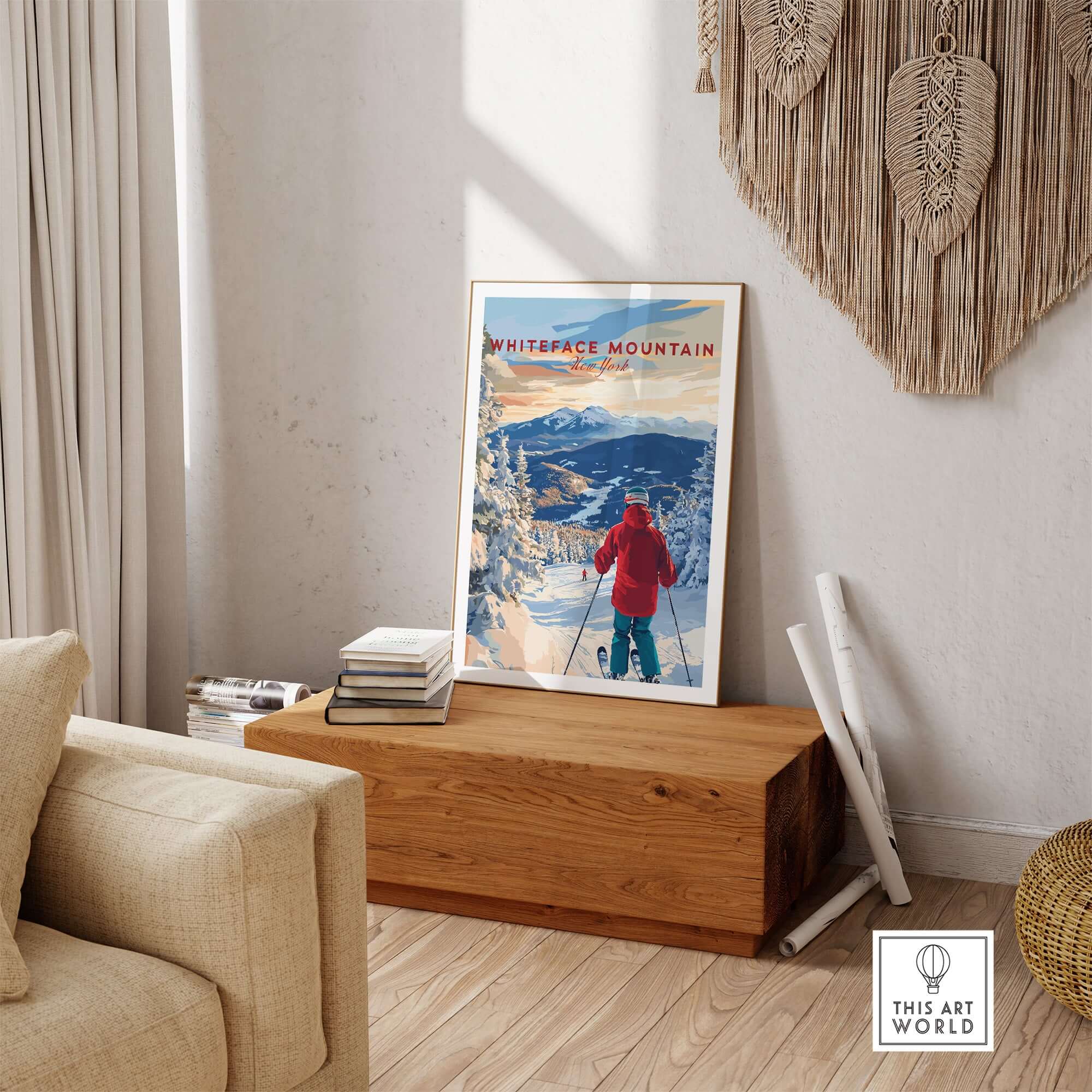 Whiteface Mountain ski print displayed in a cozy home setting, showcasing winter sports and New York wall art.