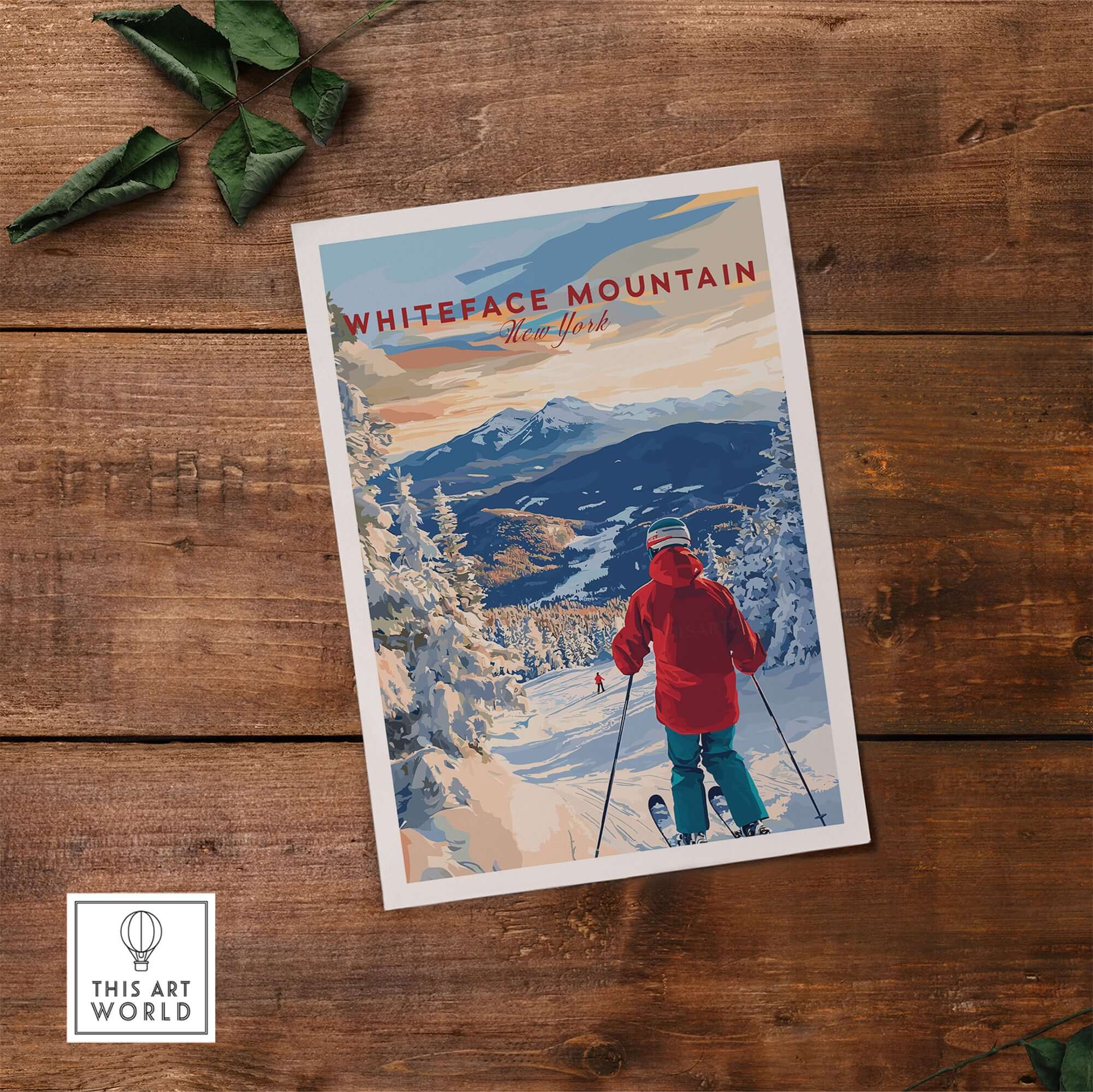 Whiteface Mountain Ski Print showcasing a skier against a snowy backdrop, perfect for winter wall art.