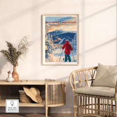 Framed Whiteface Mountain Ski Print showcasing skier on slopes, ideal for winter decor and adventure inspiration.