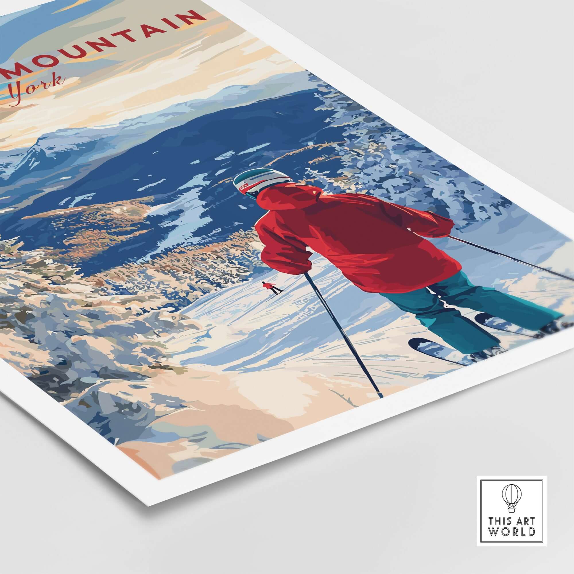 Whiteface Mountain Ski Print featuring a skier in a red jacket on a picturesque snowy slope, perfect winter wall art.