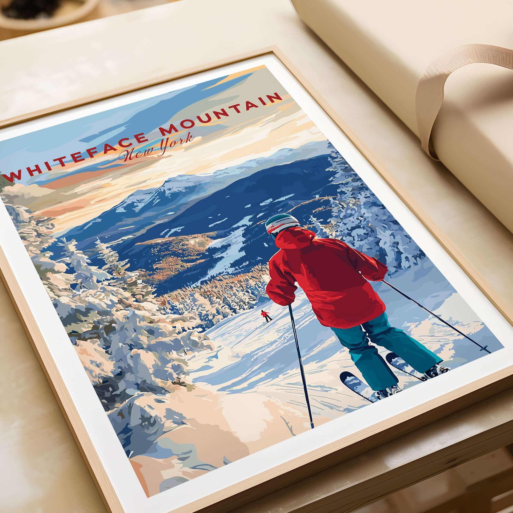 Whiteface Mountain ski print showcasing a skier on a snowy slope in New York, perfect for winter wall art.