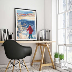 Whiteface Mountain Ski Print displayed in a modern office setting, showcasing winter adventure and skiing excitement.
