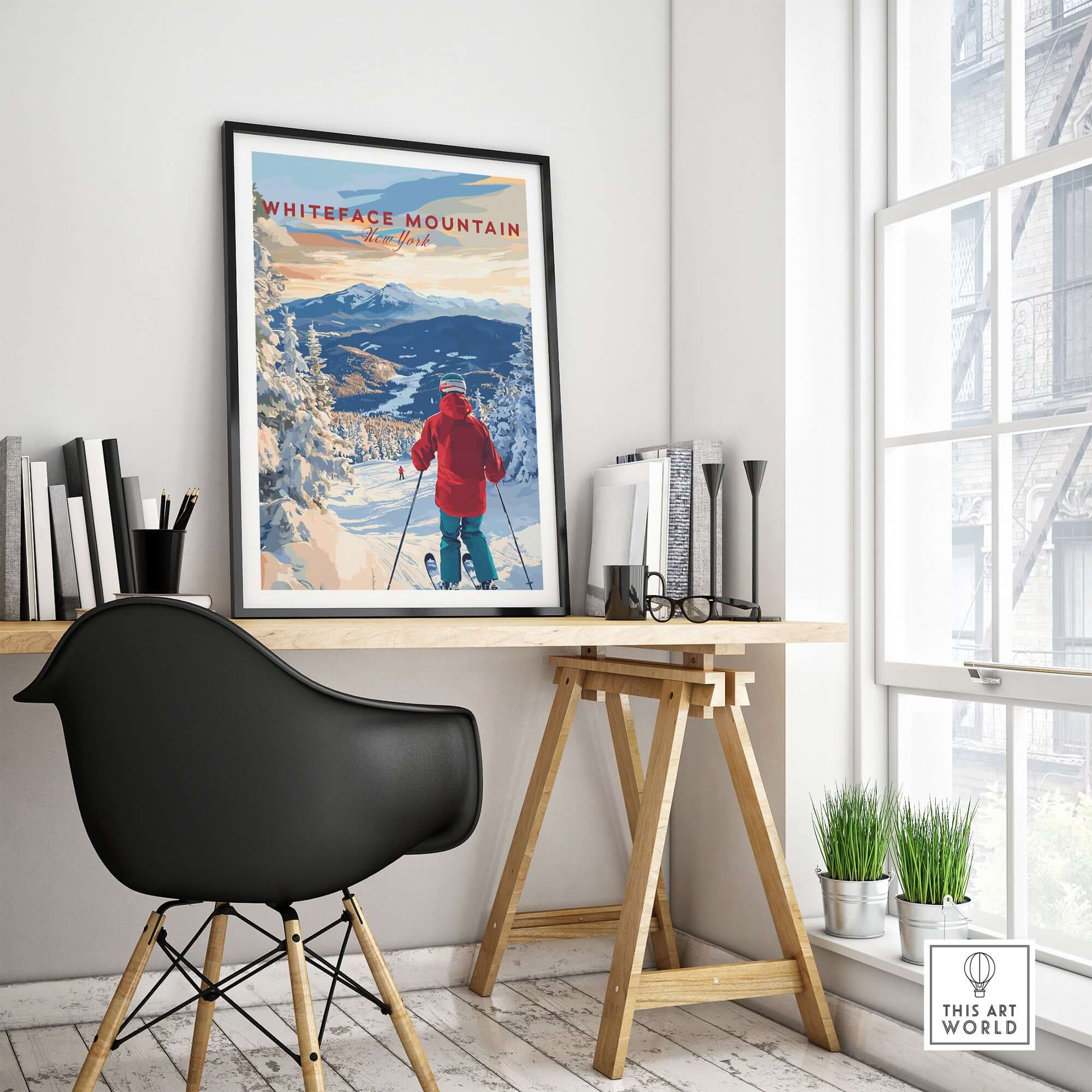 Whiteface Mountain Ski Print displayed in a modern office setting, showcasing winter adventure and skiing excitement.