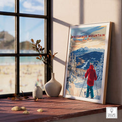 Whiteface Mountain ski print displayed in a bright room, showcasing a skier against a scenic winter landscape.