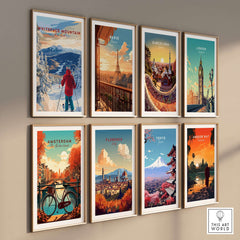 Gallery of colorful vintage city travel posters featuring Whiteface Mountain and iconic global landmarks.