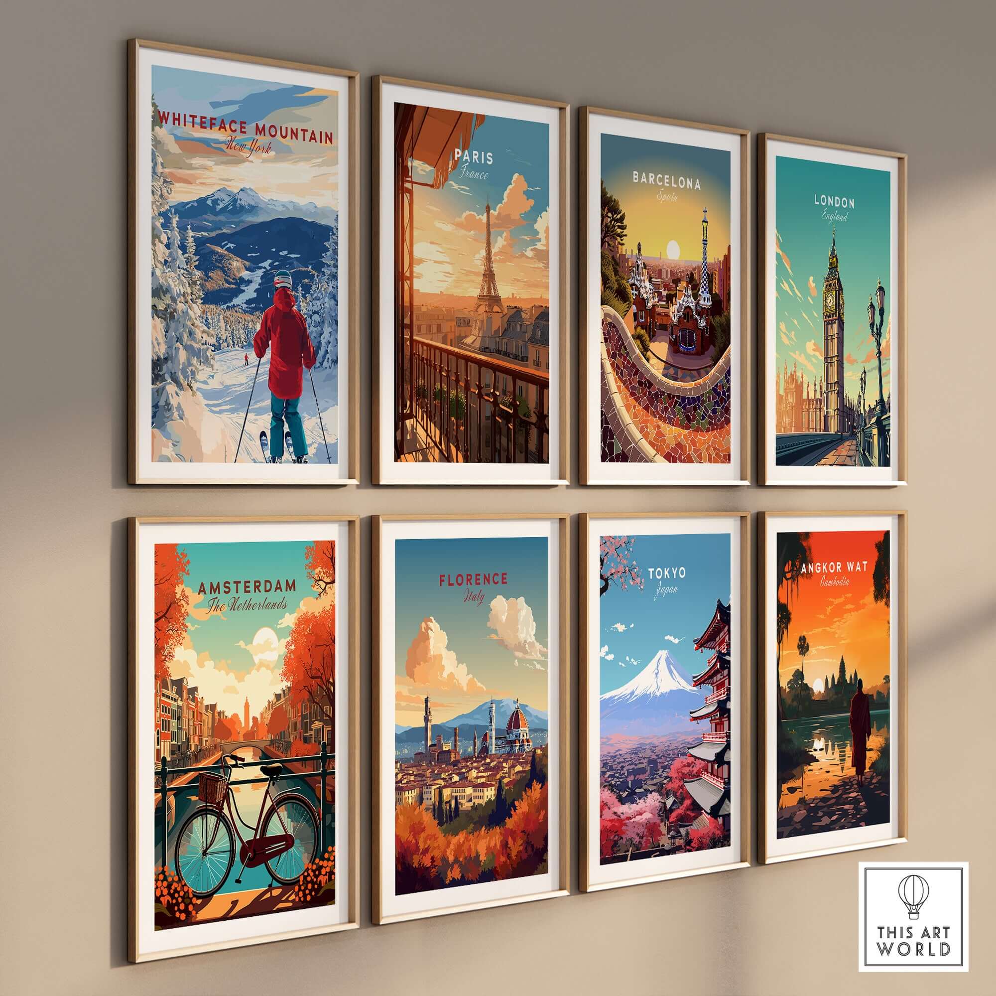 Gallery of colorful vintage city travel posters featuring Whiteface Mountain and iconic global landmarks.