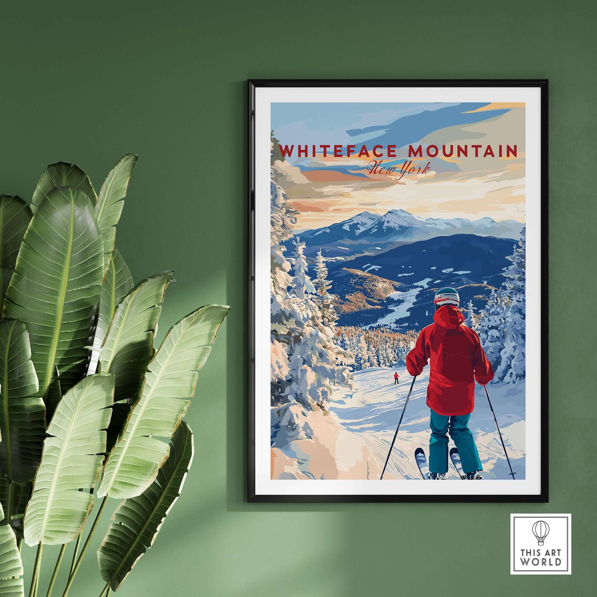Whiteface Mountain Ski Print featuring skier in red jacket against snowy landscape and mountains, perfect winter wall art.
