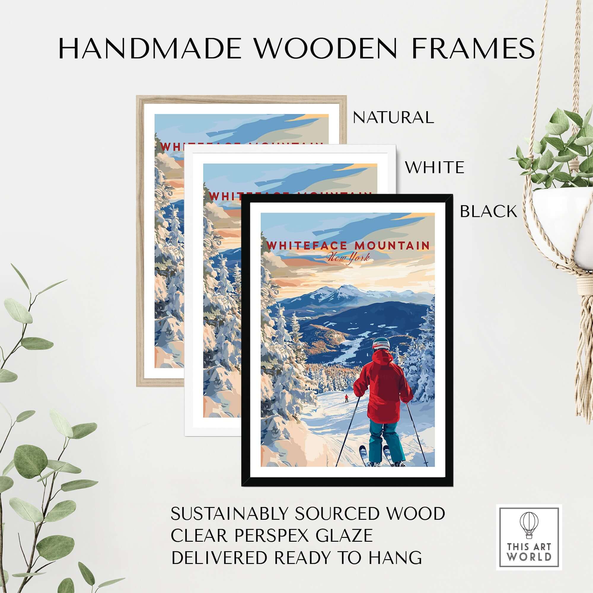 Handmade wooden frames for Whiteface Mountain Ski print in natural, white, and black finishes, sustainably sourced wood.