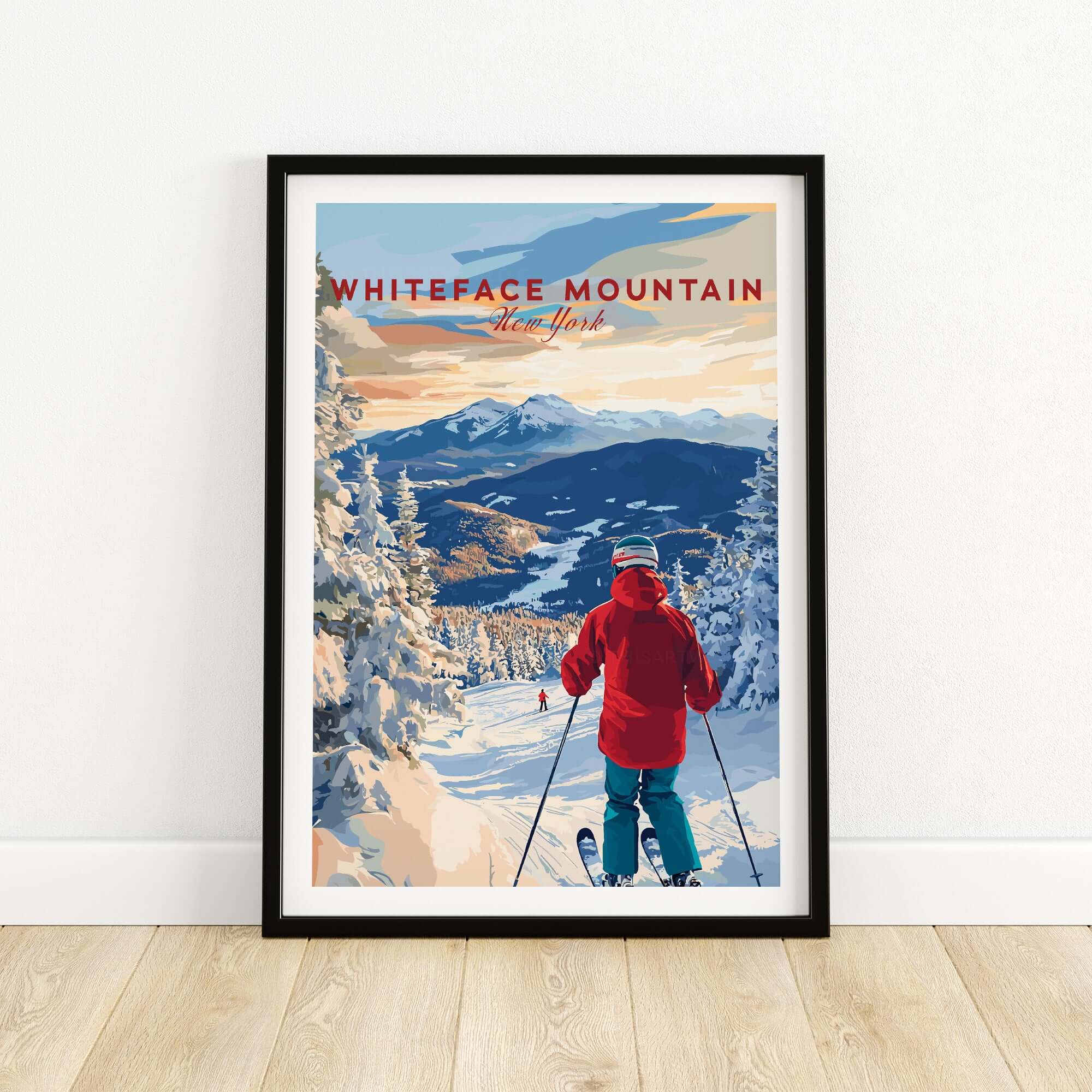 Whiteface Mountain Ski Print showcasing a skier on snowy slopes, a perfect decor for winter enthusiasts and adventurers.