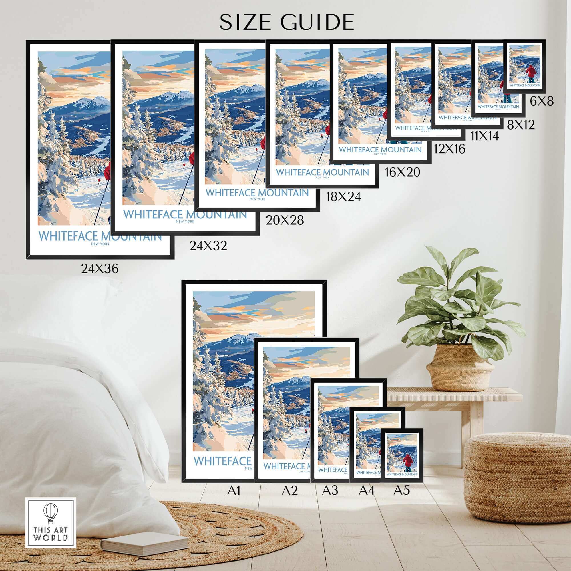 Size guide for Whiteface Mountain Ski Wall Art prints displayed in a cozy room setting.