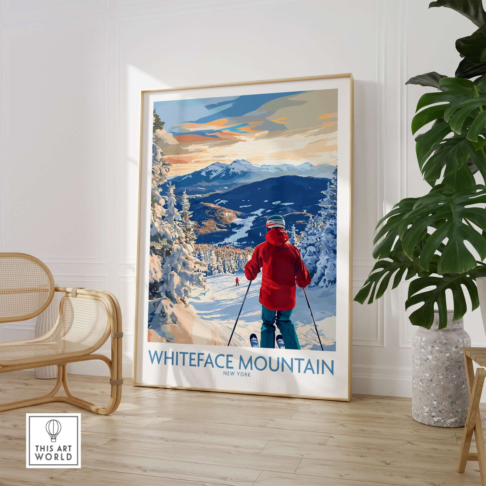 Whiteface Mountain ski wall art print featuring a skier in a red jacket against a snowy landscape.