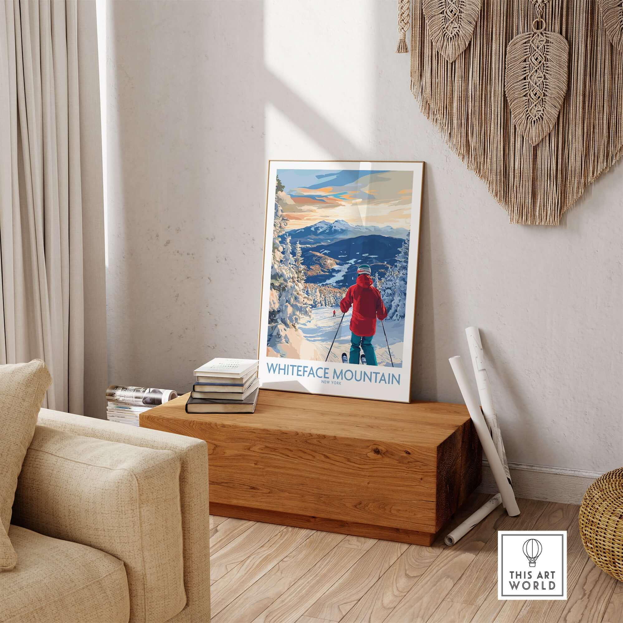 Whiteface Mountain ski wall art print showcasing a skier with scenic mountain background in stylish home decor.