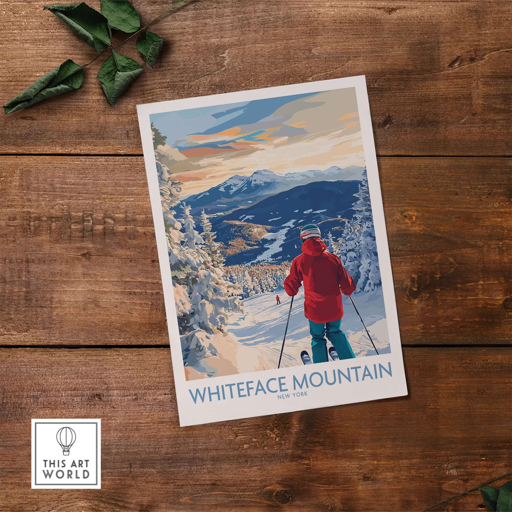 Whiteface Mountain ski wall art print featuring a skier in a snowy landscape in New York.