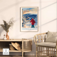 Whiteface Mountain ski wall art print displayed in a cozy room with wooden decor and natural light.