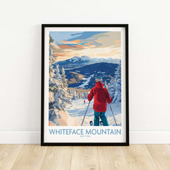 Whiteface Mountain ski wall art print featuring skier on snowy slopes and mountain scenery, perfect for ski lover's decor.