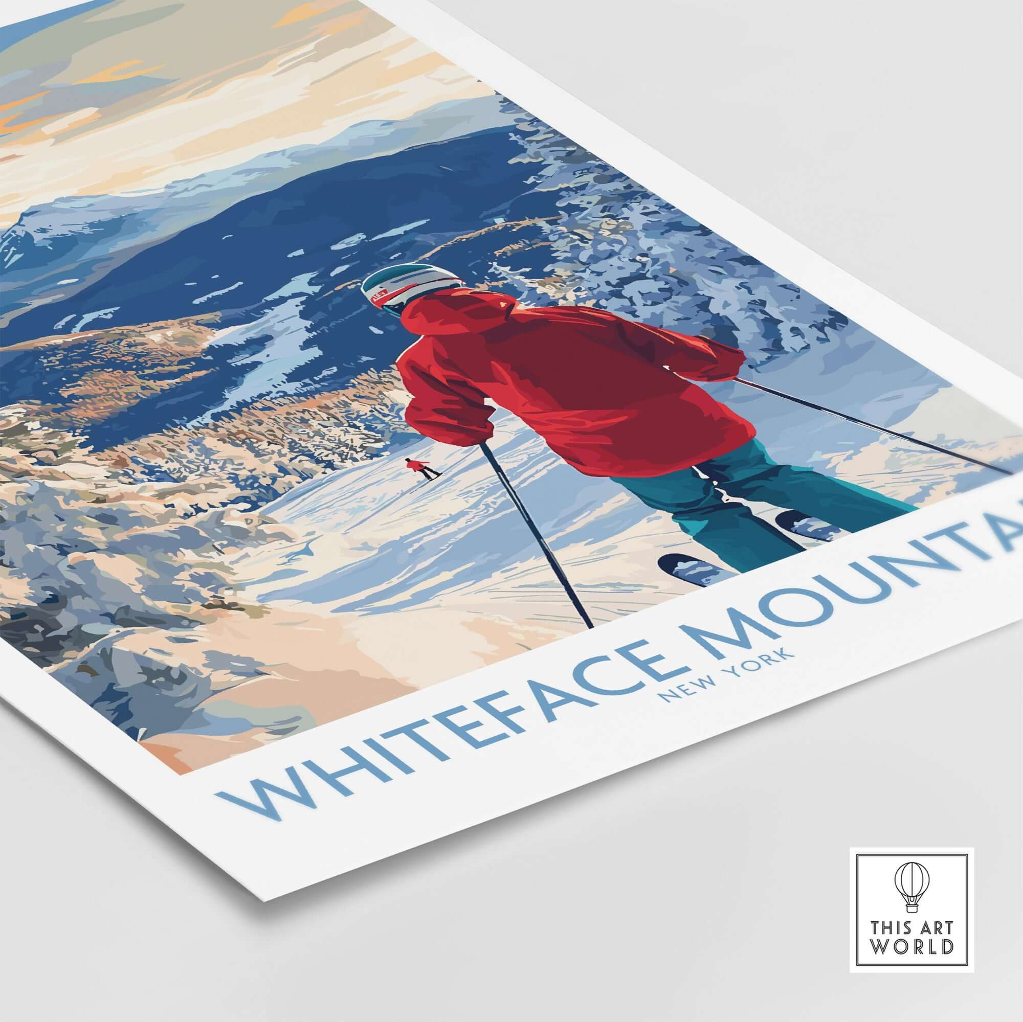 Whiteface Mountain ski wall art print featuring a skier in a snowy landscape, celebrating the thrill of skiing.