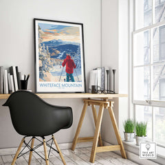 Whiteface Mountain ski wall art print displayed in a modern office with a stylish desk and chair.