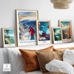 Wall art display featuring Whiteface Mountain Ski print among travel-themed prints from Costa Rica, Philippines, Beijing, and Grand Canyon.