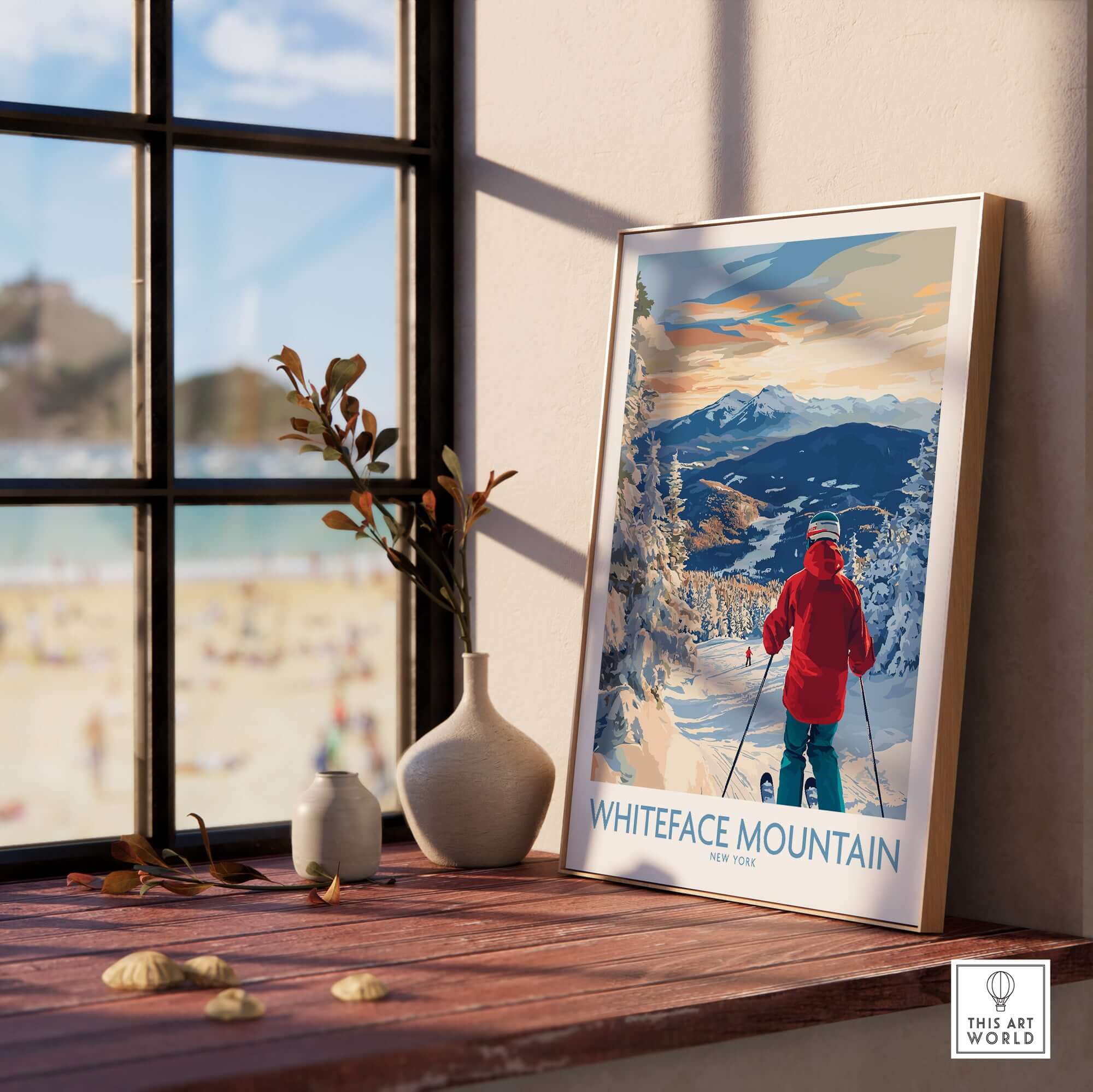 Whiteface Mountain ski wall art print showcasing skier in winter scene, perfect for ski lovers home decor.