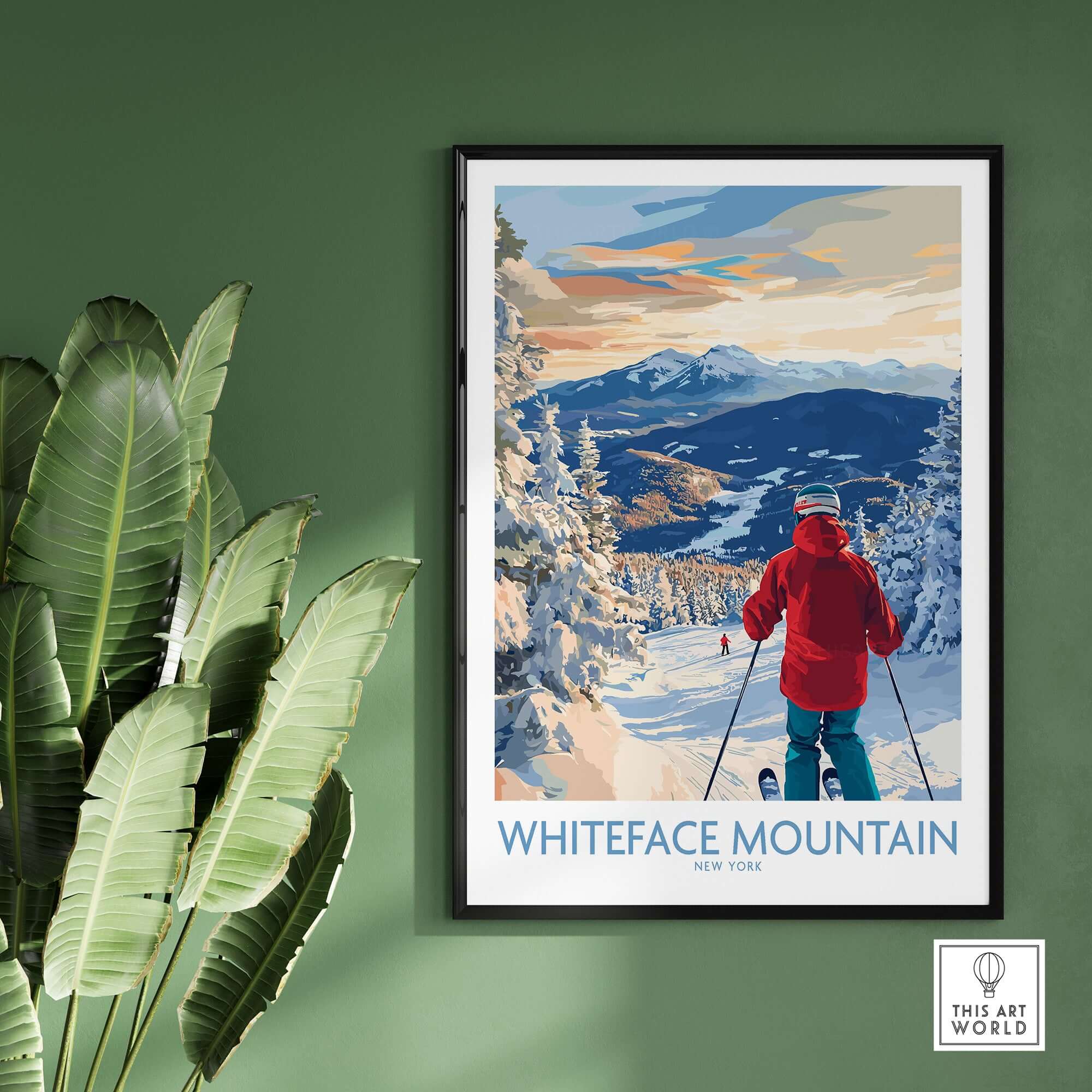 Whiteface Mountain Ski Wall Art print of a skier on a snowy slope surrounded by mountains, perfect for ski lovers.