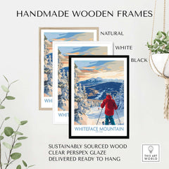 Whiteface Mountain ski print framed in black, white, and natural wood; eco-friendly materials for wall decor.