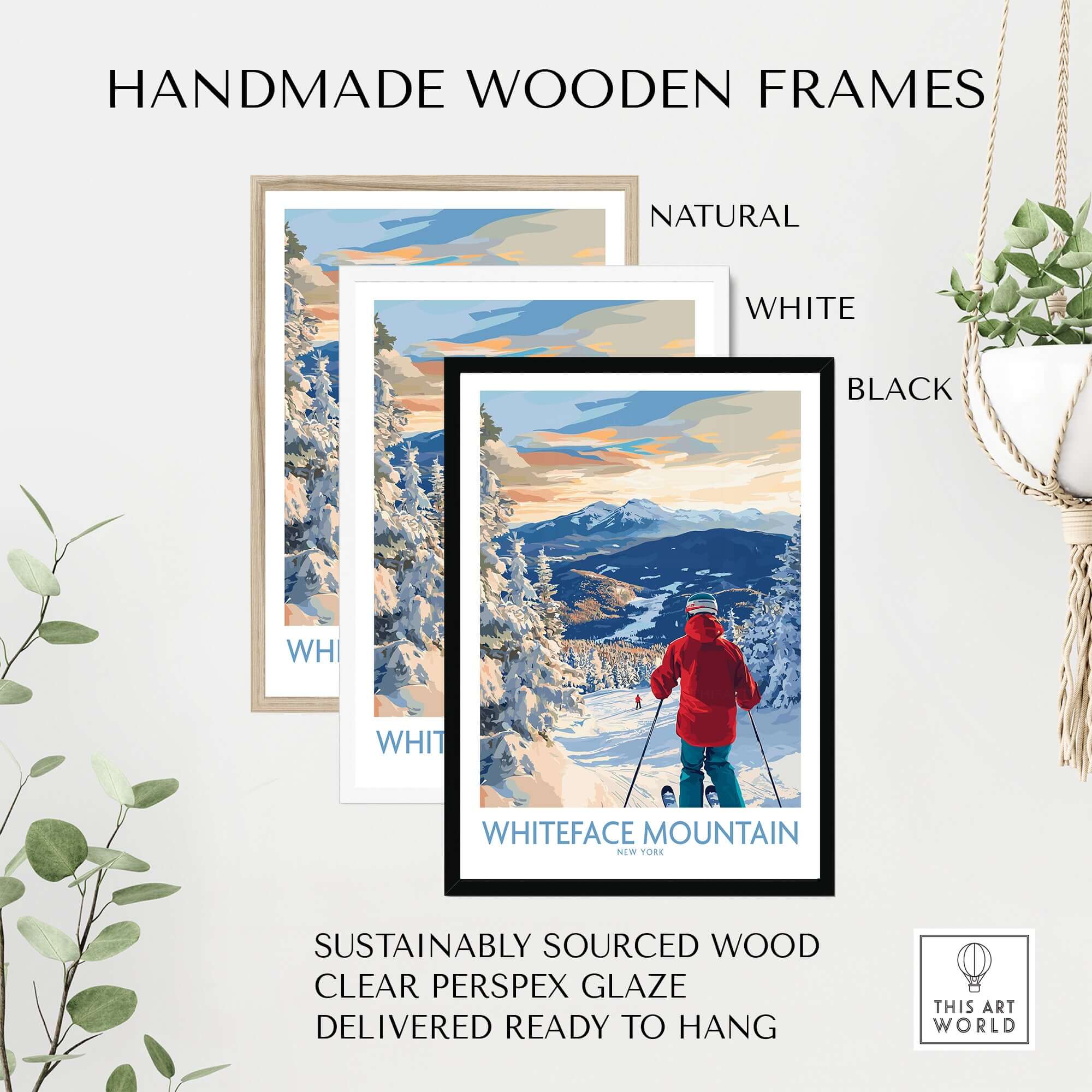 Whiteface Mountain ski print framed in black, white, and natural wood; eco-friendly materials for wall decor.