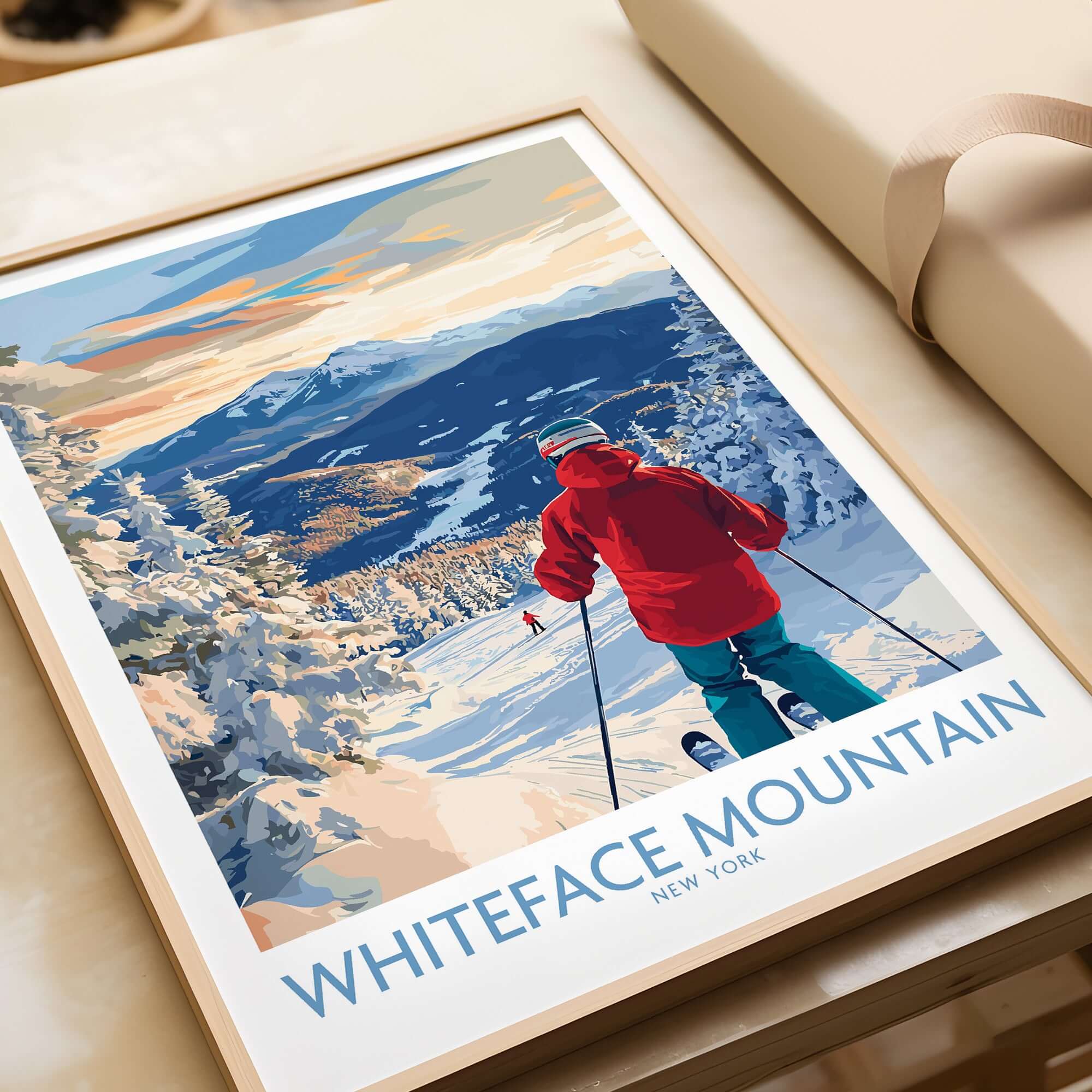 Whiteface Mountain ski wall art print featuring skier on snow-covered slope in New York.