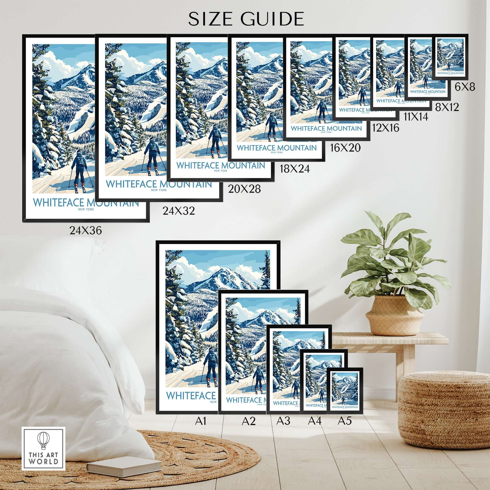 Size guide for Whiteface New York skiing scene wall art prints featuring various sizes displayed in a cozy room.
