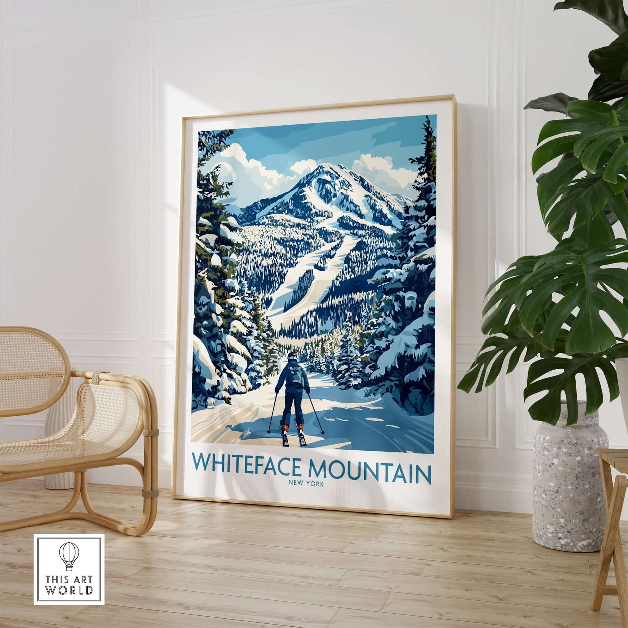Whiteface Mountain wall art featuring a skier on snowy slopes, capturing the essence of winter in New York.
