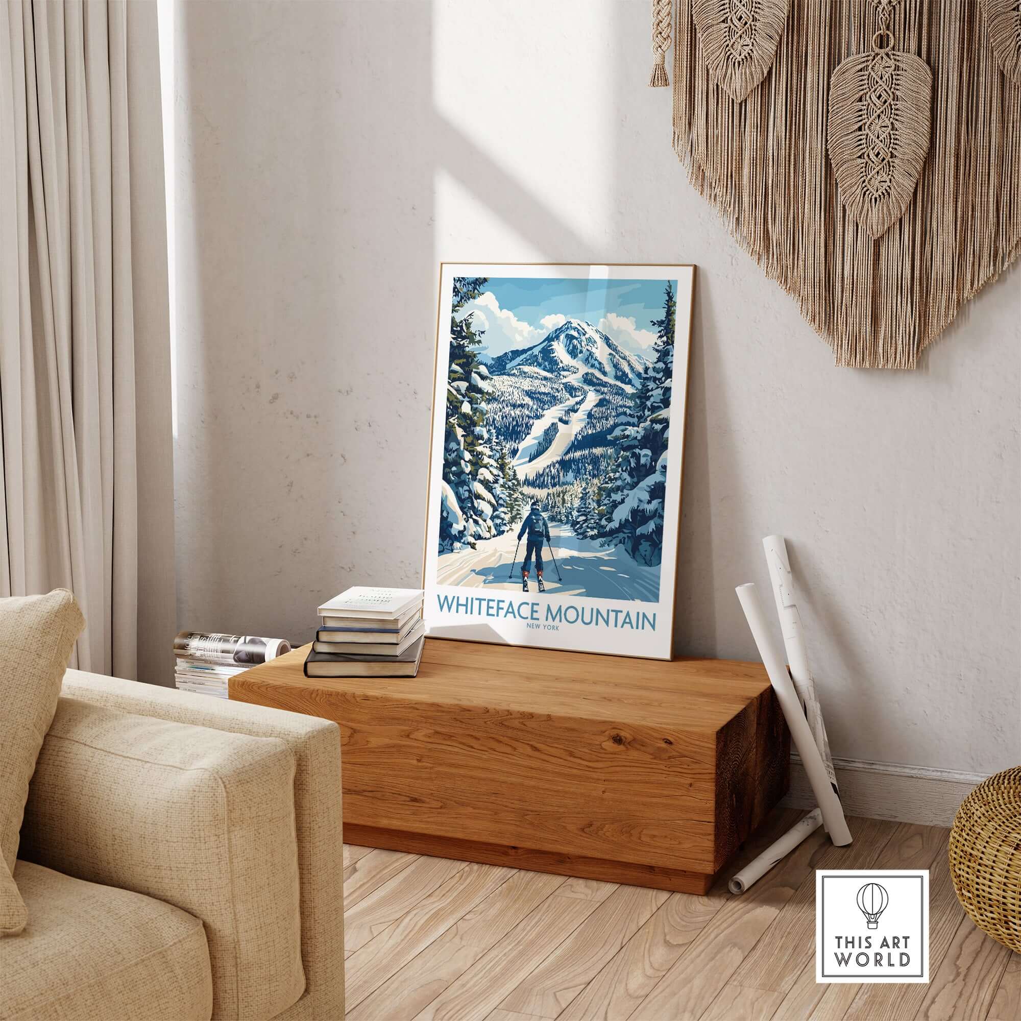 Whiteface Mountain skiing scene art print displayed in a cozy interior, showcasing snowy mountains and a skier.