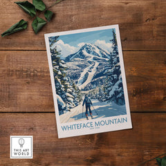 Whiteface Mountain skiing scene print featuring a skier surrounded by snow and trees, perfect for wall art.
