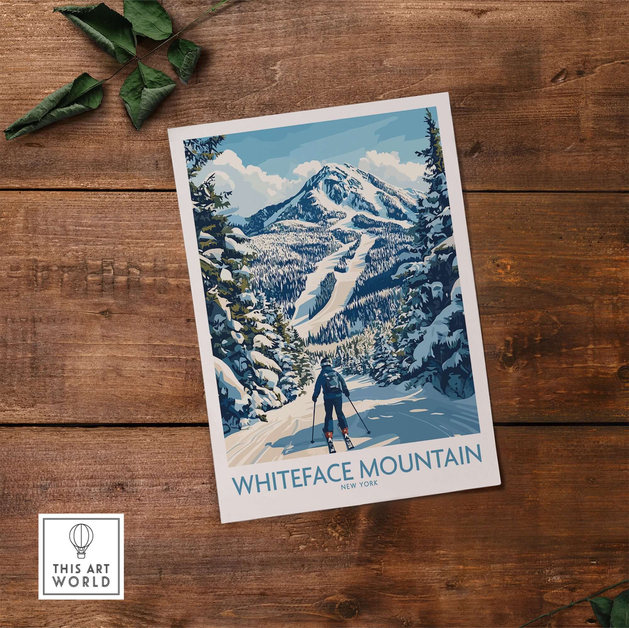 Whiteface Mountain skiing scene print featuring a skier surrounded by snow and trees, perfect for wall art.