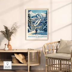 Whiteface New York skiing scene wall art print featuring a skier in a snowy landscape with towering trees.